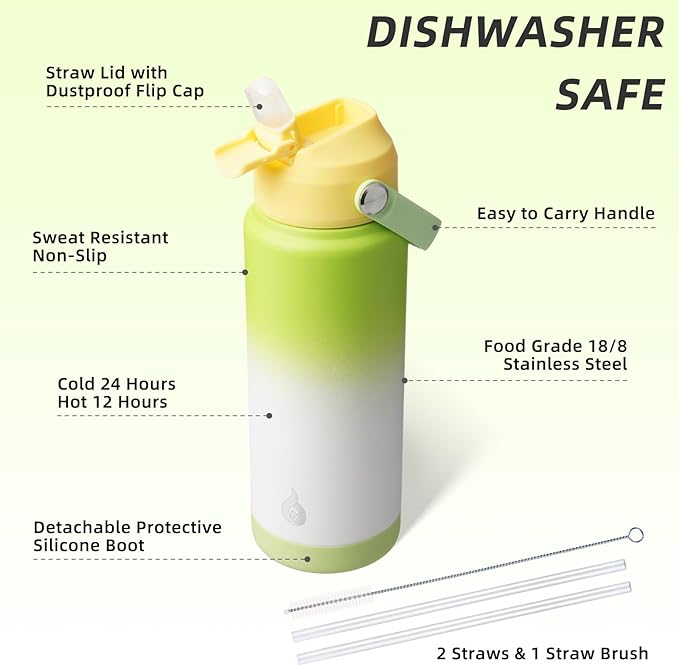 BJPKPK Water Bottle with Straw Lid, 24oz Vacuum Insulated Water Bottles, Metal Stainless Steel Thermos for Sports, Travel, BPA Free Leak Proof Thermos, Cups, Flasks, Tumblers,Green