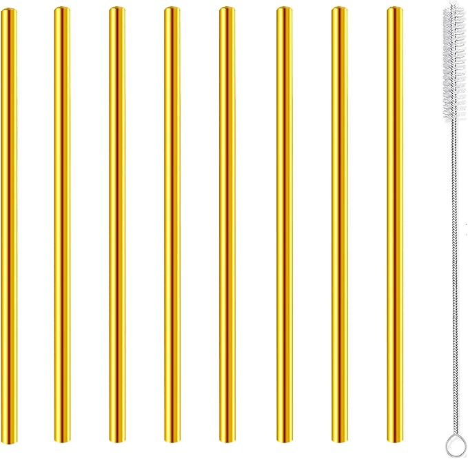 Short Cocktail Straws, Metal Stainless Steel Reusable Small Mini Coffee Stir Drinking Straw for Party Accessories Mason Jar Tumbler Juice Box Tea Coffee Mocktails Mojito Drinks with Brush, Gold 8Pcs
