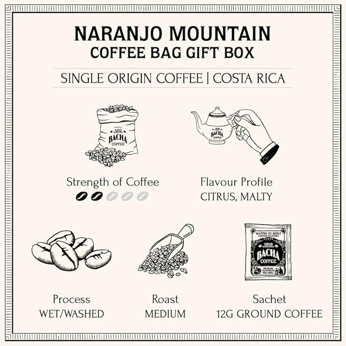 Bacha Coffee | Naranjo Mountain Costa Rica Single Origin, Medium Dark Roast, 100% Arabica Specialty Coffee, 12 Coffee Drip Bags, Gift Box