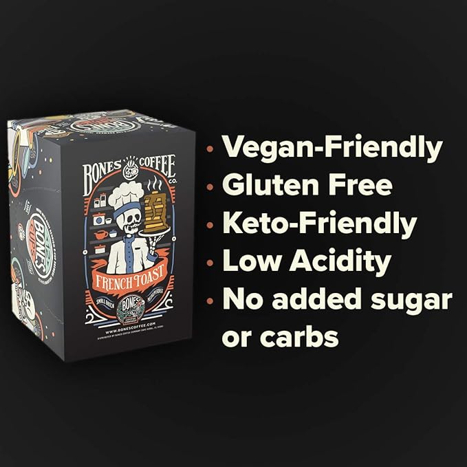 Bones Coffee Company Flavored Coffee Bones Cups French Toast | 12ct Single-Serve Coffee Pods Compatible With 1.0 & 2.0 Keurig Coffee Maker | Sweet Buttery Flavor Aroma