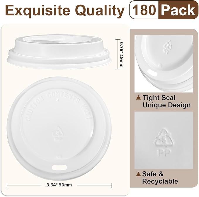 180 Pack Coffee Cup Lids - Disposable Coffee Lid, White Plastic Lids for 10, 12, 16, 20, 24 oz Paper Cups, Leak Proof Cup Lid 3.54 Inches/90 mm Diameter