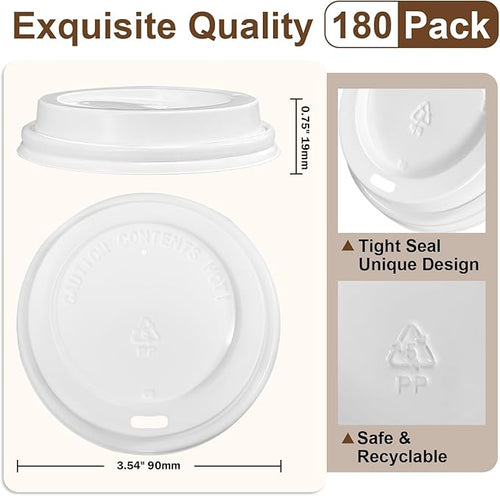 180 Pack Coffee Cup Lids - Disposable Coffee Lid, White Plastic Lids for 10, 12, 16, 20, 24 oz Paper Cups, Leak Proof Cup Lid 3.54 Inches/90 mm Diameter
