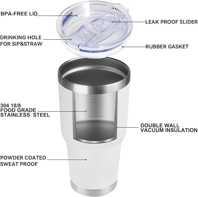 DOMICARE 30oz Tumbler Bulk with Lid and Straw, Double Wall Travel Coffee Mug, Insulated Vacuum Stainless Steel Tumblers, Powder Coated Tumbler Cup (White, 8)