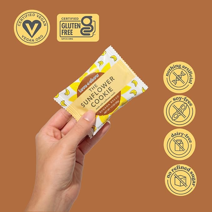 Love + Chew Soft Baked Protein Cookies, Gluten Free | (18) Count Sunflower Banana Bread Minis | Vegan, Paleo, Non GMO and Packed with Superfoods. - Individually Wrapped, and Made from Sunflower Seeds - (1) Ounce Cookies