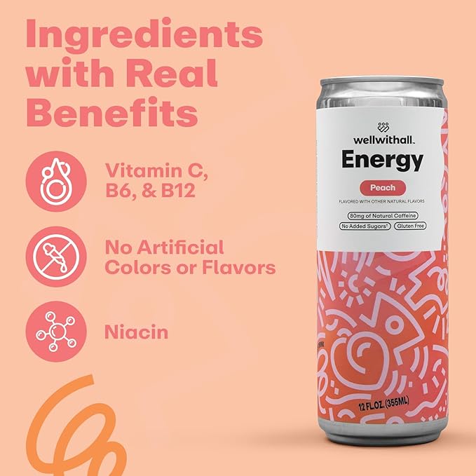 WellWithAll Peach Energy Drink – Caffeine from Tea – With Vitamin C – Lightly Sparkling Beverage – Fruit & Veggie Juice Blend – 12 Oz (Pack of 12)