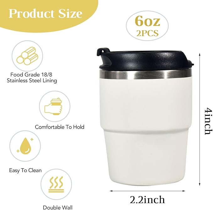 6oz Vacuum Insulated Espresso Cup Set of 2, Espresso Shot Cup for Coffee, Double Wall Stainless Steel Mini Tumbler Shot Glasses with Lid, Mini Coffee Cup