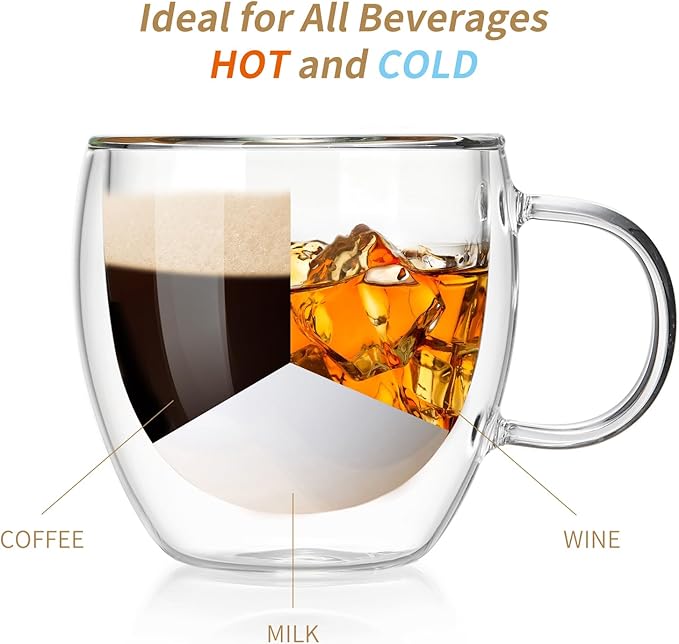 6.7oz Double Wall Espresso Cups Set of 2 With Handle, Clear Expresso Shots Cup, Double Wall Insulated Espresso Mugs, Tazas de Cafe Expreso, Microwave Dishwasher Safe, for Espresso Machine
