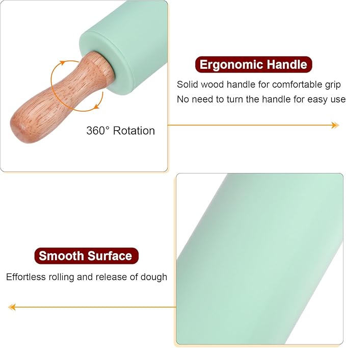 HARFINGTON Silicone Rolling Pins for Baking 12.2 Inch Non-Stick Silicone Surface Wooden Handle Rolling Pin Small Roller Playdough Rolling Pins for Fondant Kitchen Dough Pizza, Green