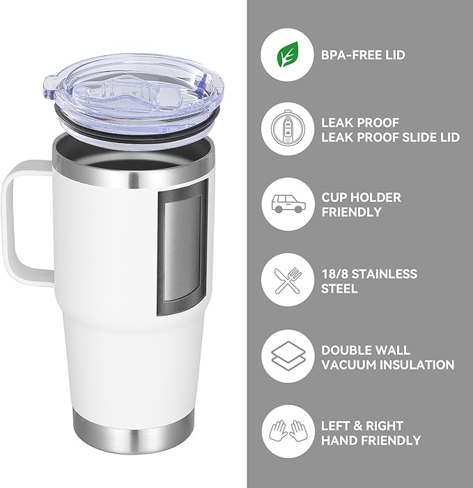 VEGOND 20 oz Tumbler Bulk with Handle Lid and Straw, Stainless Steel Insulated Travel Coffee Mug Set, Spill Proof Double Wall Metal Tumblers Cups, White 6 Pack