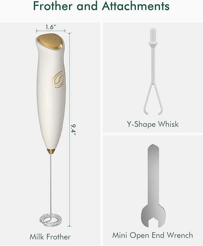 Milk Frother Handheld Frother Wand Drink Mixer Handheld Coffee Stirrers Electric Frother for Coffee Mixer Wand with 2 Whisk frother for protein powder coffee frother handheld-White/Gold
