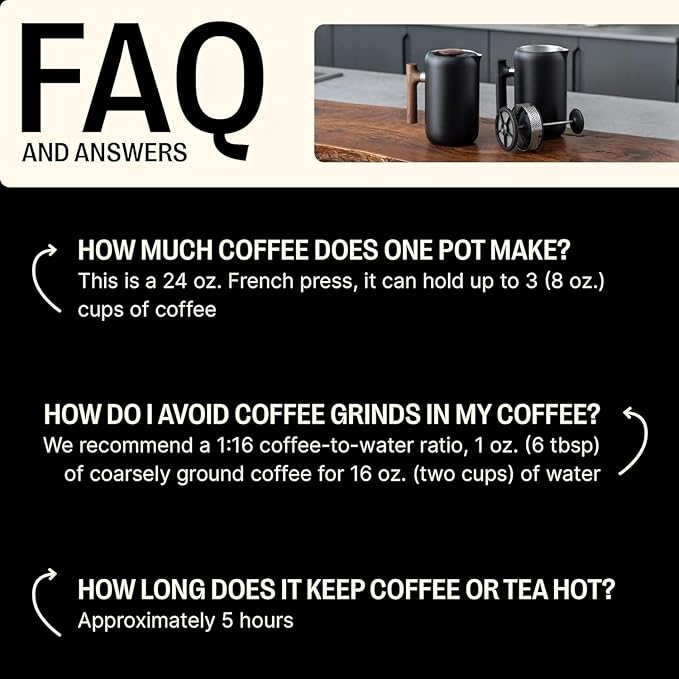 Fellow Clara Insulated Coffee Maker with Enhanced Filtration System - Portable French Press Stainless Steel - 24 oz Carafe - Matte Black