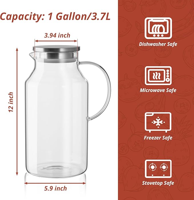 1 Gallon Glass Pitcher with Lid and Spout, Glass Water Carafe for Hot/Cold Water, Large Jug for Iced Tea, Coffee, Juice and Homemade Beverage