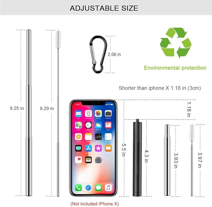 2 Pack Reusable Metal Straws Collapsible Stainless Steel Drinking Straw Travel Portable Telescopic Straw with Case,2 Cleaning Brushes Included Black/Silver