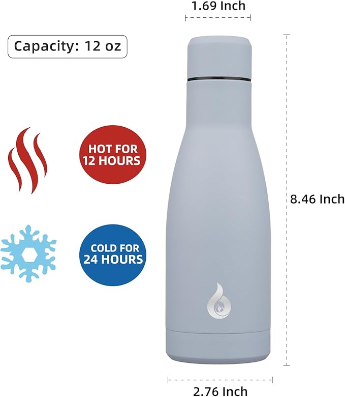 BJPKPK Insulated Water Bottle 12oz Small Stainless Steel Water Bottles Reusable Metal Thermos Keep Cold and Hot,Mist Grey