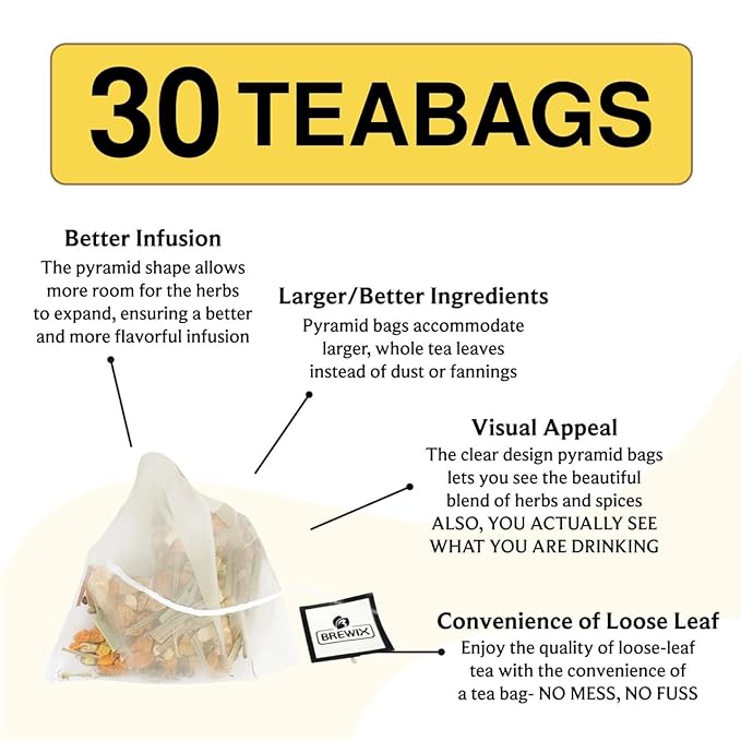 BREWIX, Turmeric Tea with Ashwagandha Root and Black Pepper (30 Plant Based Tea Bags) Caffeine-Free for Relaxation & Daily Stress Support | Herbal Tea For Health & Wellbeing | Supports Restful Sleep