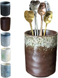 Stoneware Coffee Bar Utensil Holder Tea & Coffee Spoon & Stirrer Holder for Stir Stick Straw Teaspoon Holder Spoon Cup Small Utensil Jar (Retro Rustic Brown)