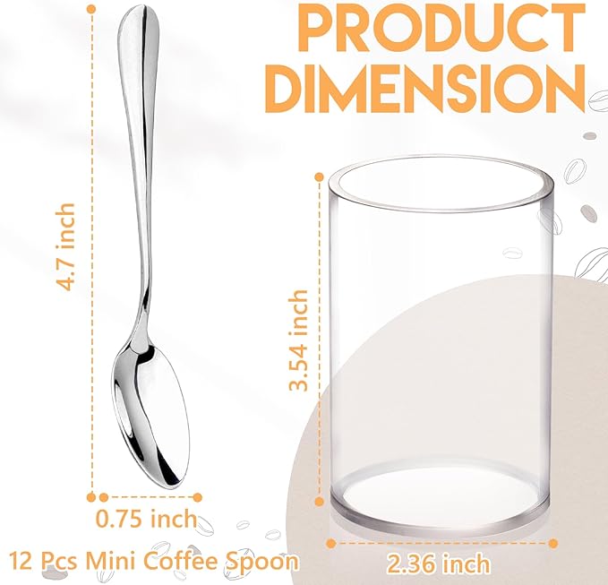 12 Pcs Mini Coffee Spoons with Holder 4.7 inch Demitasse Espresso Stainless Steel Spoons Tea Spoons set of 6 with Acrylic Cylinder Holder Small Coffee Spoons Silver for Coffee Bar Tea Party Home