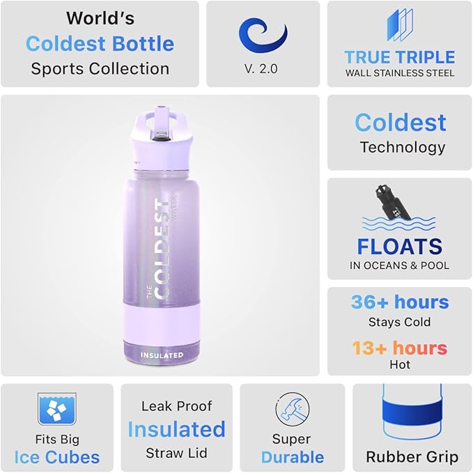 Coldest Insulated Water Bottle with Straw Lid - Stainless Steel Metal Insulated Bottle for Men & Women (Purple Ombré Glitter, 32 oz)