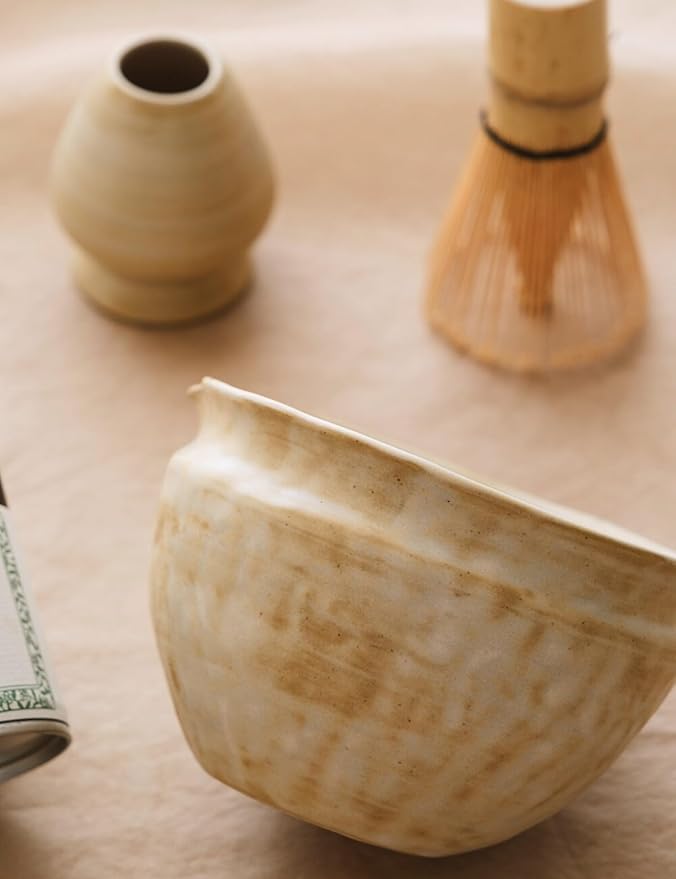 6-pcs Japanese Matcha Whisk Set with Handmade Wabi-Sabi Ceramic Bowl(Chawan),Bamboo Chasen, Whisk Holder, Scoop, Sifter & Tea Towel,Matcha Ceremony Kit,(Cheese-Colored)