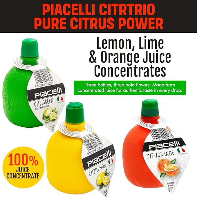 Piacelli CitrTrio Juice - Lemon, Lime & Orange Juice Concentrates Delivering Fresh, Natural Citrus Flavor for Cooking & Drinks - Lemon Juice Adds Zest & Brightness to Marinades, Cocktails & Recipes with orange juice concentrated 200ml/each