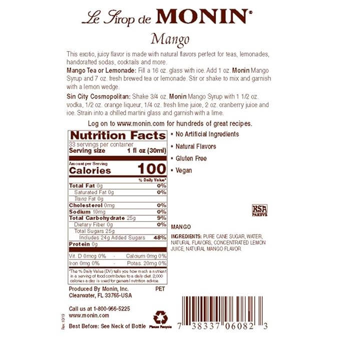 Monin - Mango Syrup, Tropical and Sweet, Great for Cocktails, Sodas, and Lemonades, Gluten-Free, Non-GMO (1 Liter, 2-Pack)