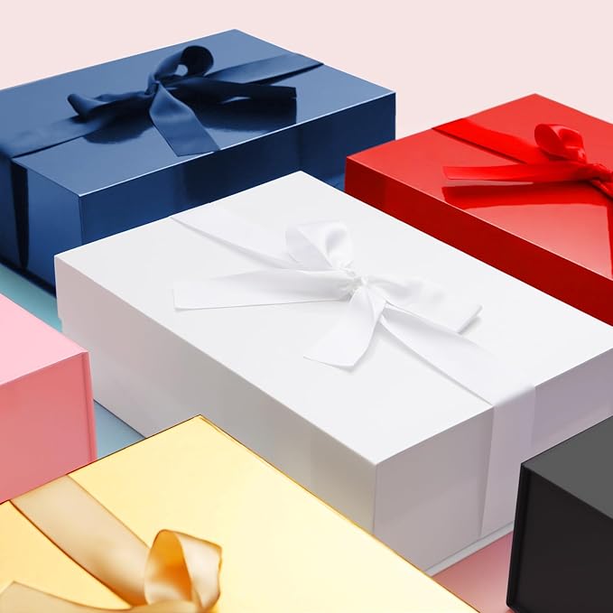 HAPPY POTATO 5 Large Gift Boxes withLid and Ribbon 11.5x8.1x3.8 Inches, Groomsmen Proposal Boxes, Magnetic Blue Gift Boxes for Presents (Glossy Blue, Pack of 5)