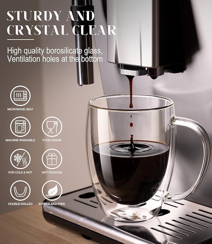 OJA Double Wall Glass Coffee Mugs 12.5oz, Hand Blown Clear Glass Coffee Cups Set of 2, Insulated Tea Mug, Perfect for Espresso, Cappuccino, Latte, American,Tea Bag, Beverage
