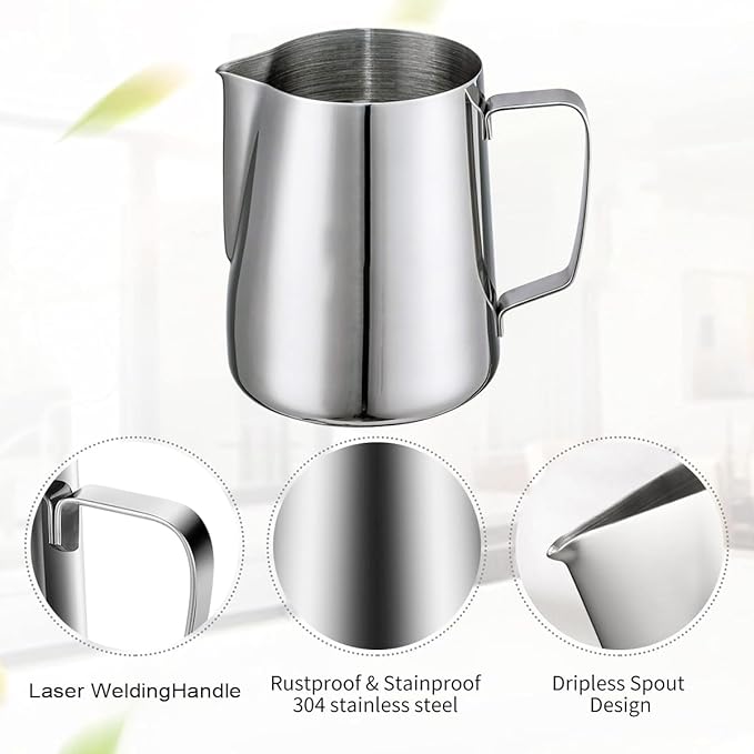4Pieces Stainless Steel Milk Frothing Pitcher Set, Latte Art Barista Steaming Pitchers Set -Include Milk Frother Cup, Latte Art Pen, Powder Shaker, 5pcs Coffee Decorating Stencils (600ml/20oz)