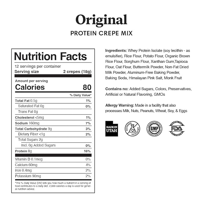 ProDough High Protein- Gluten Free French Crepe Mix, Low Carb, 8g of Protein per Serving, No Added Sugars, Keto Friendly, Makes 24 Crepes (Original)