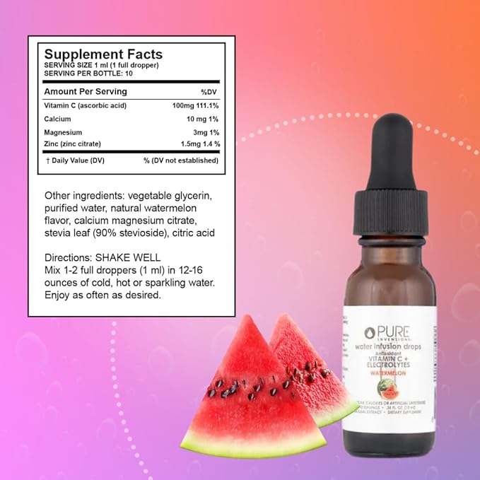 Pure Inventions - Watermelon Water Infusion Drops - Antioxidants, Vitamin C & Electrolytes - Health & Wellness Drink - Immunity Support -Sugar Free, Zero Calorie, No Artificial Sweeteners -12 Servings