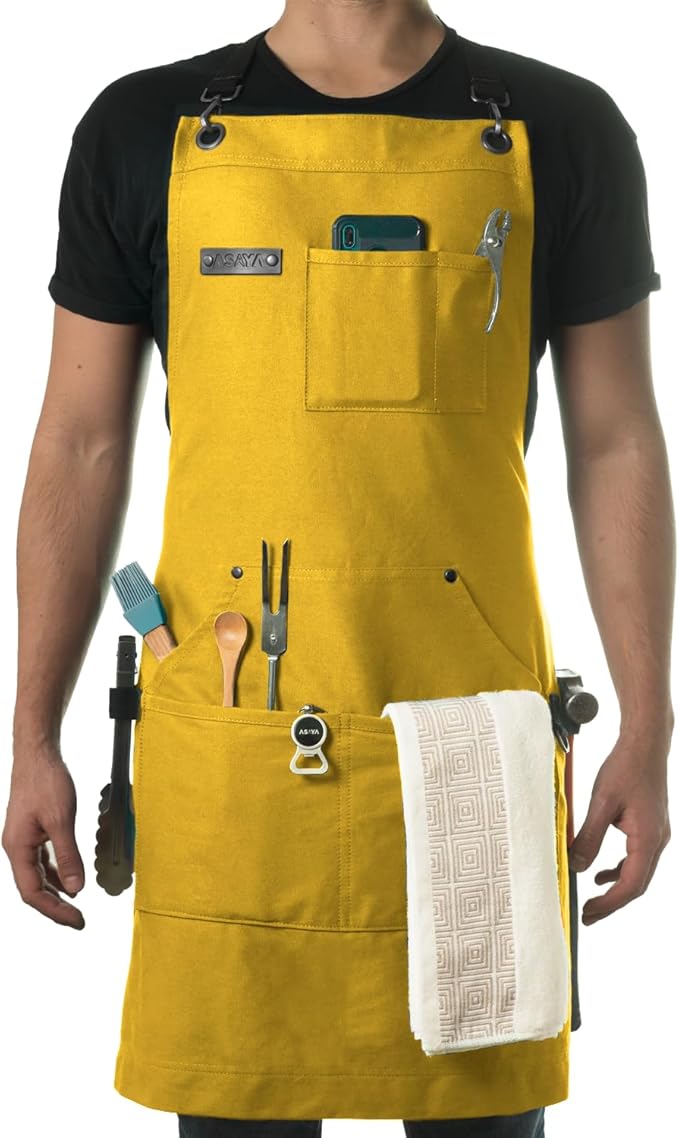 Asaya Chef and BBQ Apron with Bottle Opener and Hand Towel - 10oz Cotton Canvas, Stainless Steel Hardware - Cross Back Straps