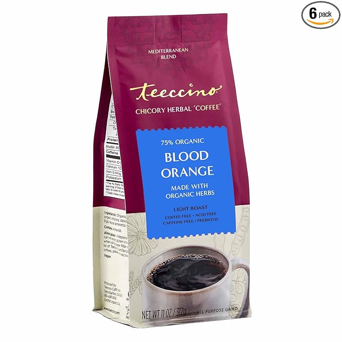 Teeccino Blood Orange Chicory Coffee Alternative - Ground Herbal Coffee That’s Prebiotic, Caffeine Free & Acid Free, Light Roast, 11 Ounce
