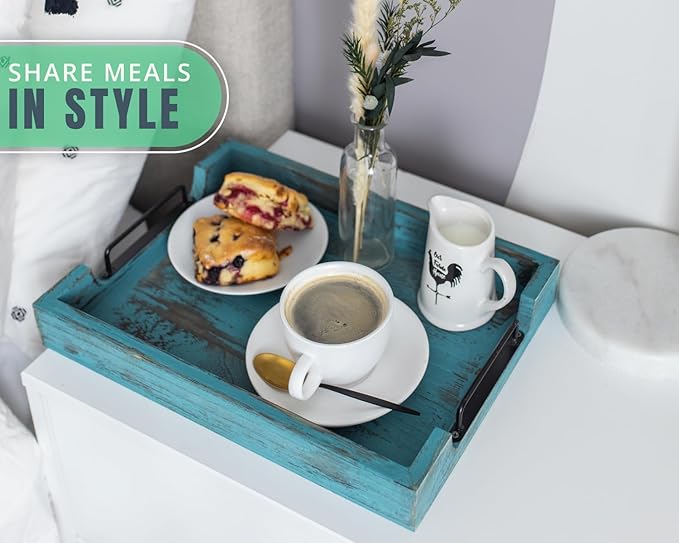 Rustic Wooden Serving Trays with Handle - Set of 2 - Large and Small, Nesting Multipurpose Trays - for Breakfast, Coffee Table/Butler & More - Rustic Blue