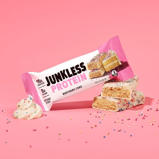 JUNKLESS Protein Bars - Birthday Cake - 15g Protein, Low Sugar, Gluten Free, High Fiber, Delicious Taste and Texture, Satisfying, Healthy Snack for Energy - 12 Bars