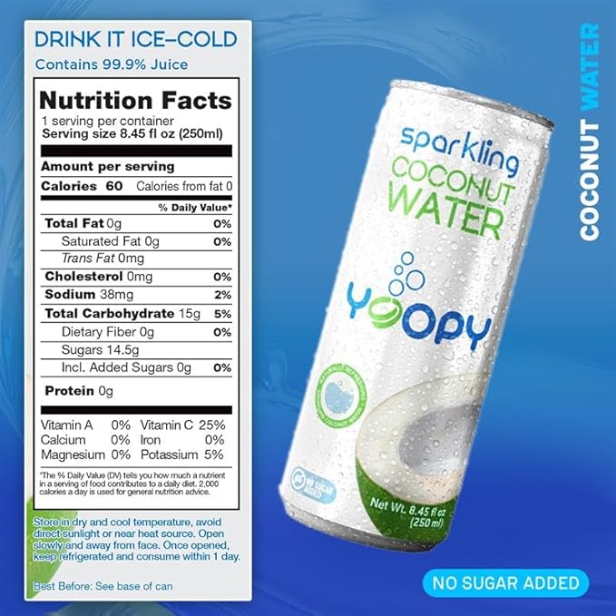 Yoopy Sparkling Coconut Water – Refreshing, Low Calorie, No Sugar Added | 12 Pack (8.45 fl oz Cans)
