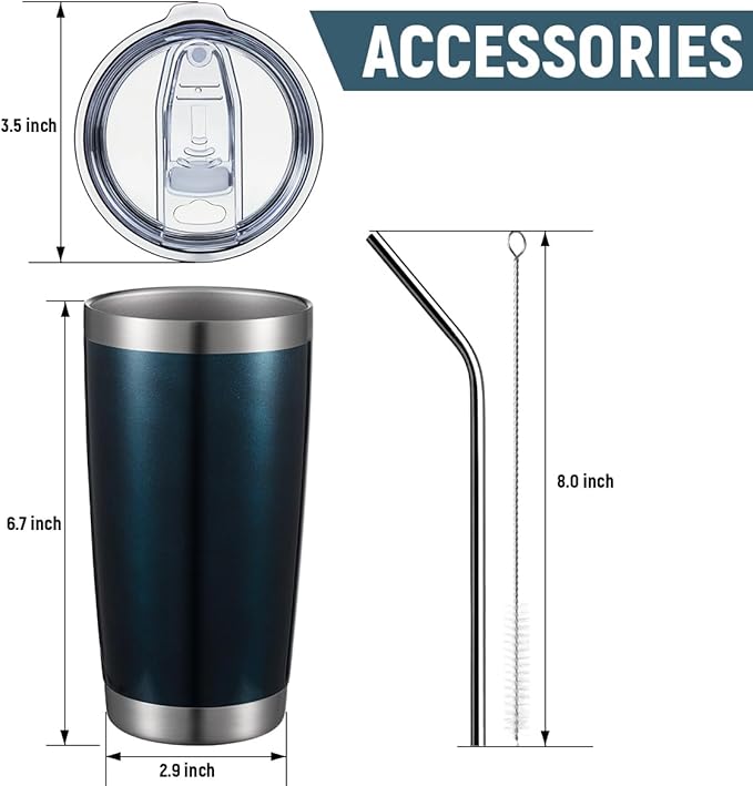 COMOOO 20oz Tumbler 8 Pack Double Wall Vacuum Insulated Travel Mug, Stainless Steel Tumbler Bulk with Lid and Straw, Durable Powder Coated Insulated Coffee Cup for Cold & Hot Drinks (Peacock blue, 8)