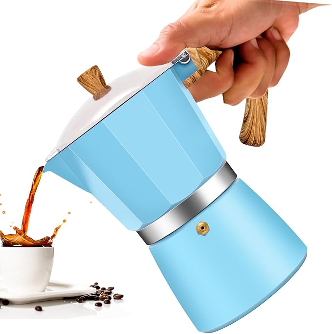 3 Cup Aluminum Moka Pot Classic Stovetop Espresso Coffee Maker 150ml 5oz Coffeemaker Percolator Mocha Pot Greca Coffee Maker Cafe Makers for Italian and Cuban Café Brewing Blue