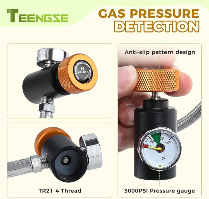 CGA320 G1/2 Co2 Cylinder Refill Adapter Hose, CO2 Refill Adapter Fill Station Connector Kit, CGA320 to TR21-4, 32inch Hose Dual Valve with Gauge