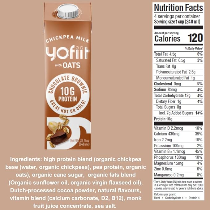 Yofiit Chocolate Brownie Non Dairy Milk - Delicious Vegan Chocolate Milk - 10g Protein & Less Sugar, Shelf Stable Milk with Oats, Pea Protein & Flax - Omega-3, High Protein Drinks (6 Pack)