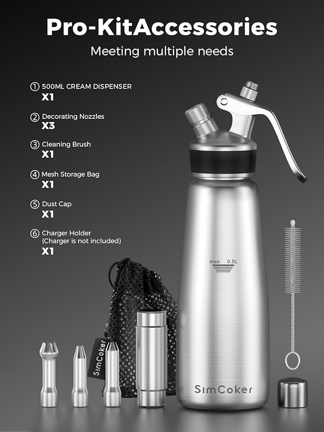 Professional Stainless Steel Whipped Cream Dispenser – 500 mL / 1 Pint, Includes 3 Decorating Nozzles, Cleaning Brush & Storage Bag – Ideal for Desserts, Coffee & Pastries (N₂O Chargers Not Included)