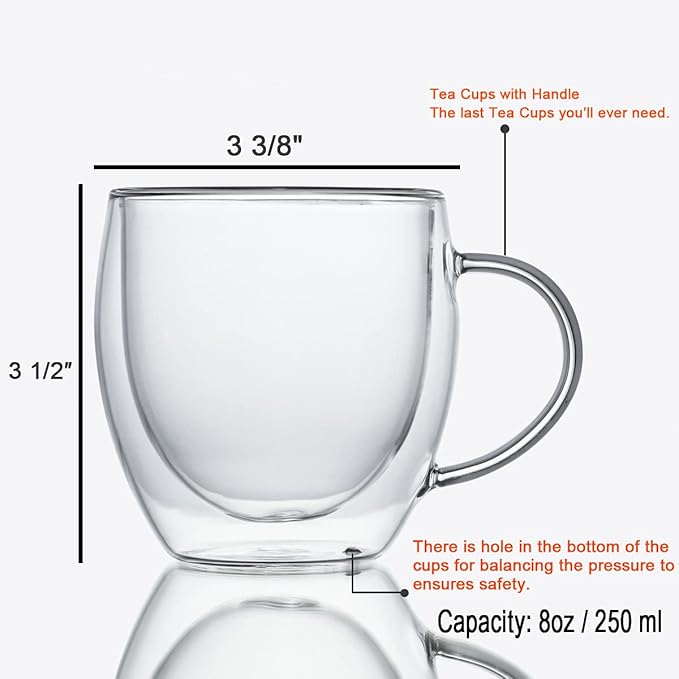 ZONEYILA Double Walled Glass Coffee Mugs 8oz, Insulated Borosilicate Glass Coffee Cups Set of 4, Clear Glasses Mug with Handle for Espresso, Cappuccino, Tea, Hot Beverages