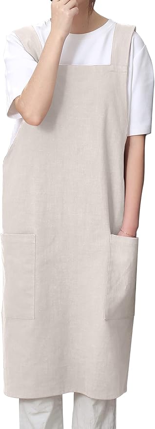 Soft Cotton Linen Apron for Women - Non-tie Cross Back Apron with Pockets, Great for Florist and Kitchen