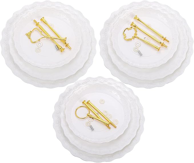 Tosnail 3-Pack 3-Tiers White Plastic Cupcake Stand, Dessert Serving Trays, Party Serving Tray Fruit Pastry Holders Catering Tray for Wedding, Party, Gathering - Round with Gold Rod