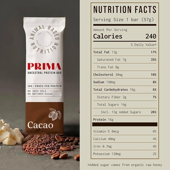 PRIMA ANCESTRAL PROTEIN BAR Grass Fed Protein Bars, 7 Pack – Animal-Based Protein Bar with Beef Tallow, Raw Honey, Seed Oil Free, Low Carb, Gluten-Free – Healthy, Energy Snacks for Clean Lifestyle (7 Pack, Cacao)