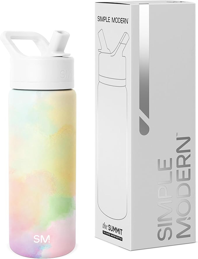Simple Modern Kids Water Bottle with Straw Lid | Vacuum Insulated Stainless Steel Metal | Reusable Leak Proof BPA-Free Thermos for School | Summit Collection | 18oz, Cotton Candy Tie Dye