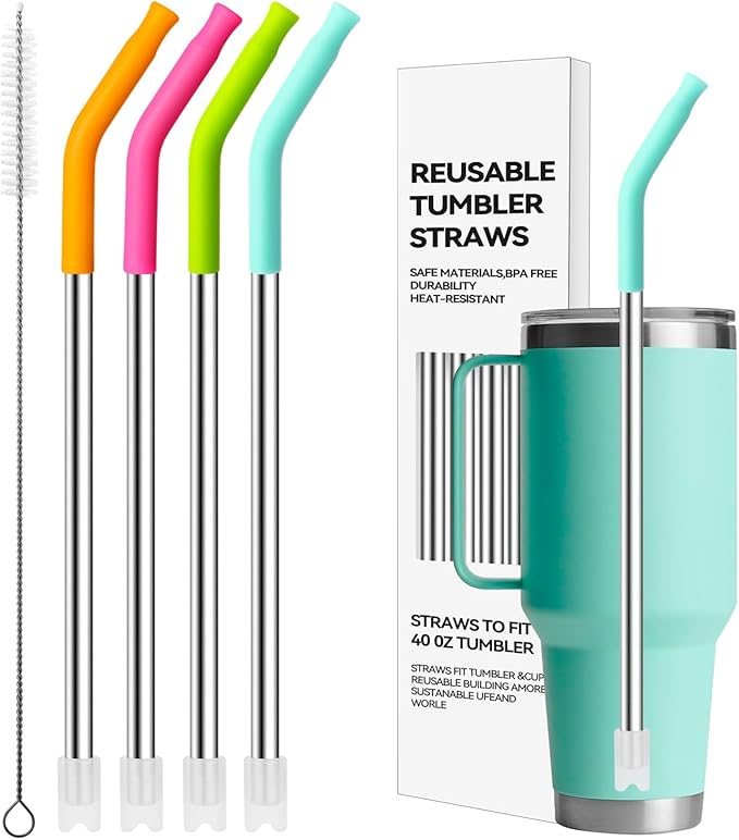 Metal Straws with Silicone Tip for 42 oz YETI Tumbler, 4 Pcs Reusable Stainless Steel Straws for 42 oz YETI, 30oz Stanley Cup(Color 4)