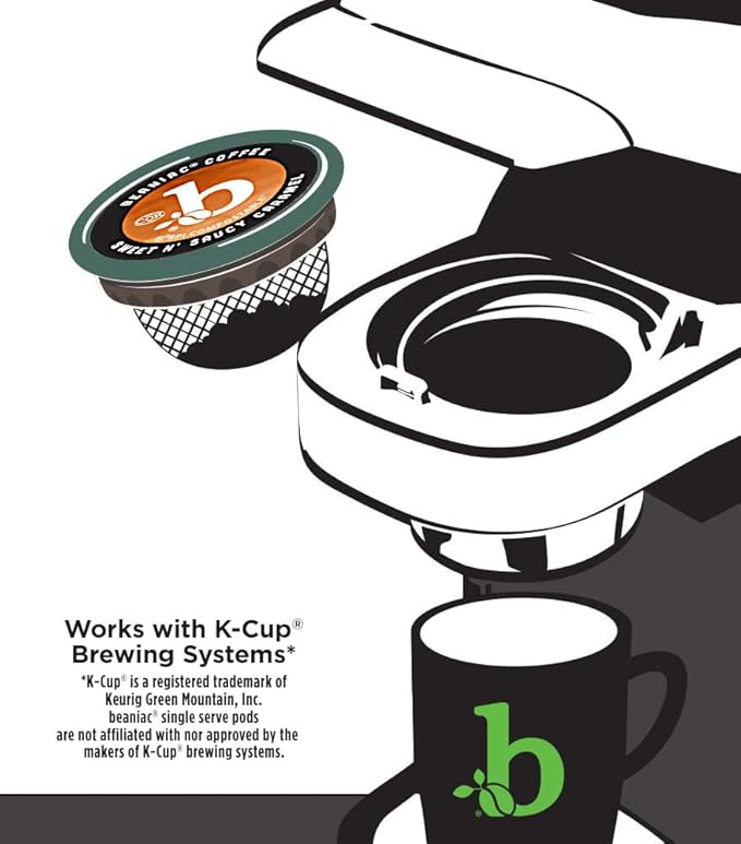 beaniac Sweet n' Saucy Caramel, Flavored Light Roast, Single Serve Compostable K Cup Coffee Pods, Arabica Coffee with Natural Flavors, Keurig Brewer Compatible, 30 Count