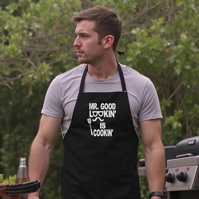 Personalized Chef Apron for Men, Custom Embroidered Design, Professional Kitchen Cooking BBQ Grilling for Dad, Decorated in USA