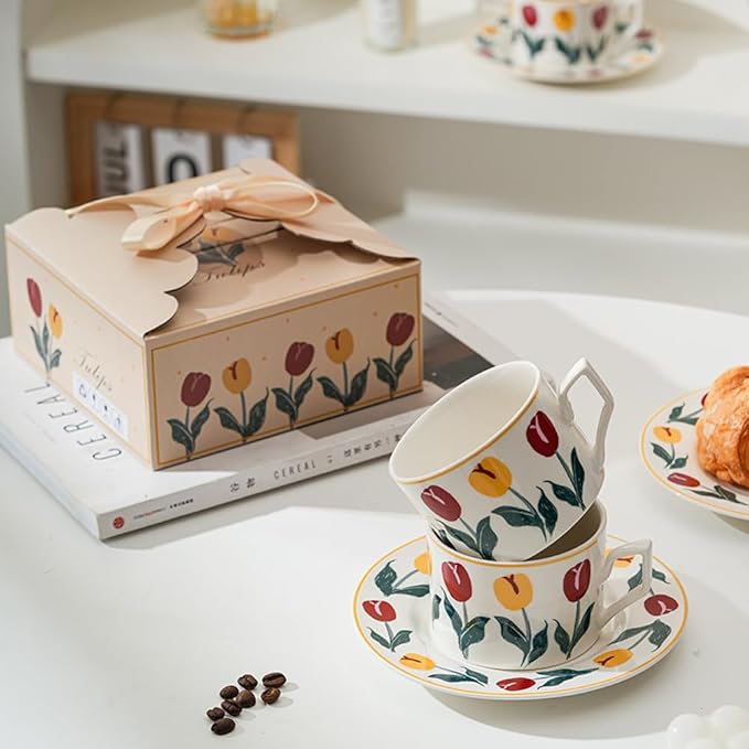 Ceramic Coffee Cup with Saucer, 8.5oz Floral Porcelain Tea Cup with Premium Gold Spoon and Gift Box, Dishwasher and Microwave Safe, Cup Mug for Coffee Cappuccino Espresso Latte