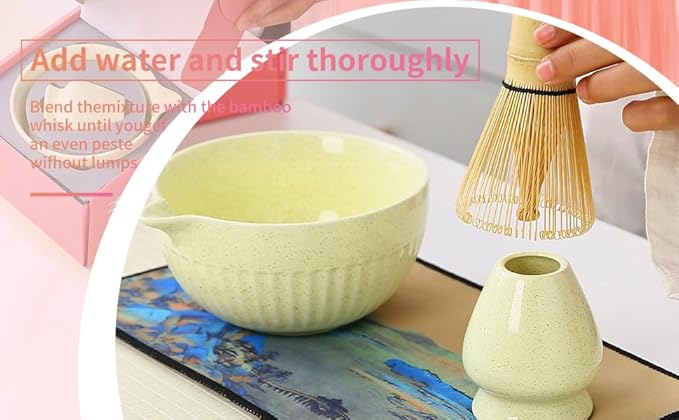 Matcha Tea Set, Glazed Ceramic Bowl and Whisk Holder, Light Yellow, 2-Piece